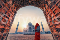 Breathtaking horizon Taj Mahal at sunset wallpaper for walls majestic structure.