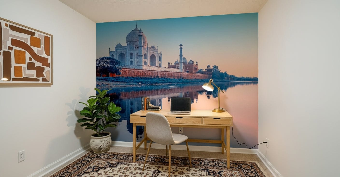 Timeless Taj Mahal wall mural blending with purple wallpaper décor