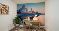 Timeless Taj Mahal wall mural blending with purple wallpaper décor