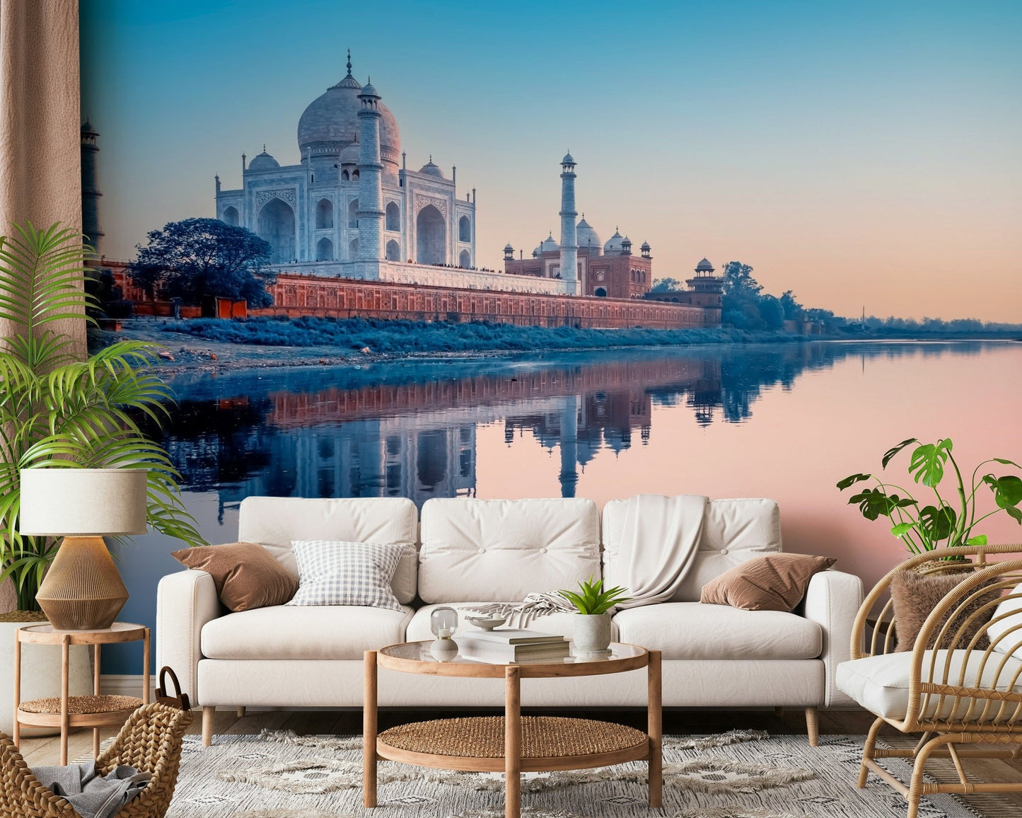 Scenic Taj Mahal design printed on premium purple wallpaper surface
