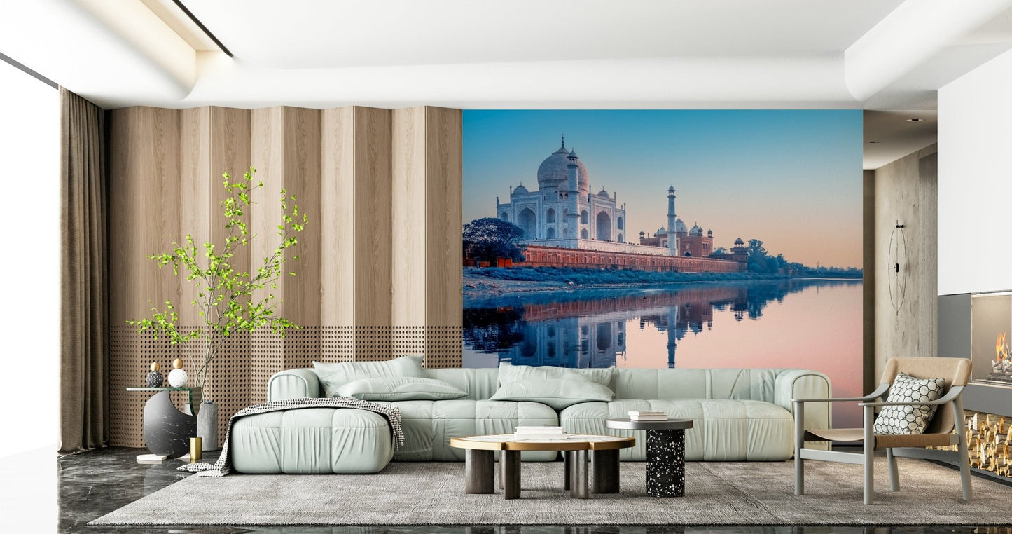 Architectural Taj Mahal wall art on refined purple wallpaper finish