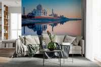 Detailed Taj Mahal mural artwork on elegant purple wallpaper background