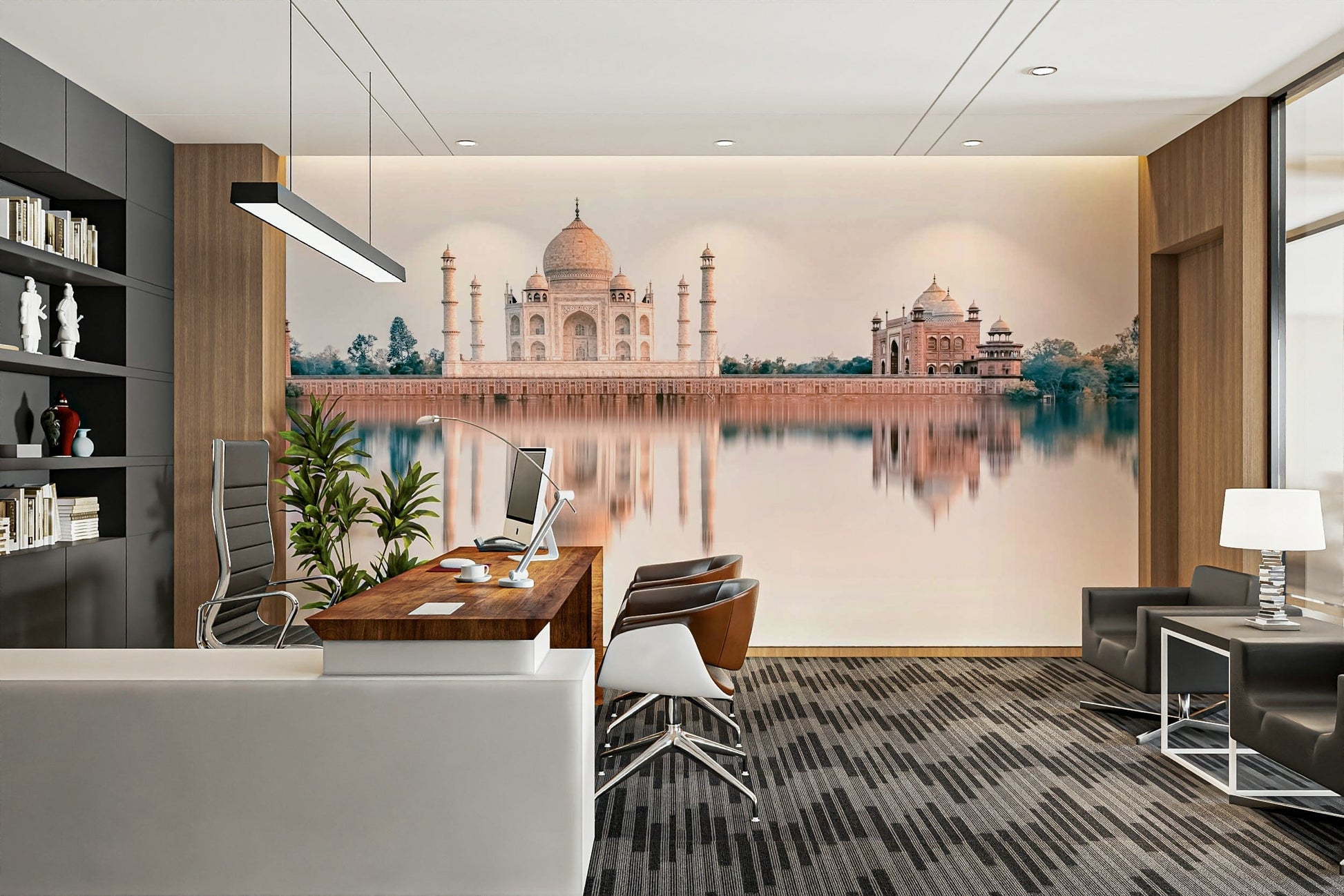 A peaceful water reflection mural on decorative wallpaper.

