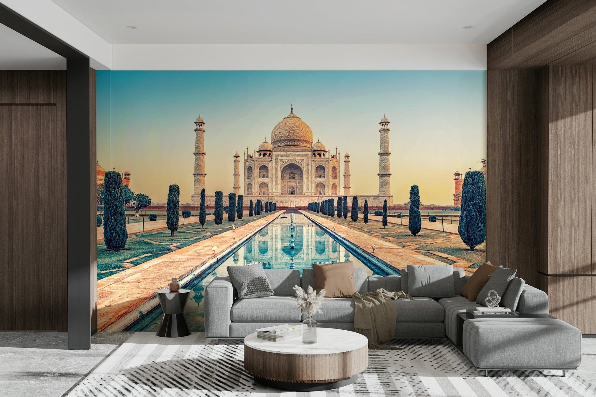 A peaceful historic monument mural on decorative wallpaper.

