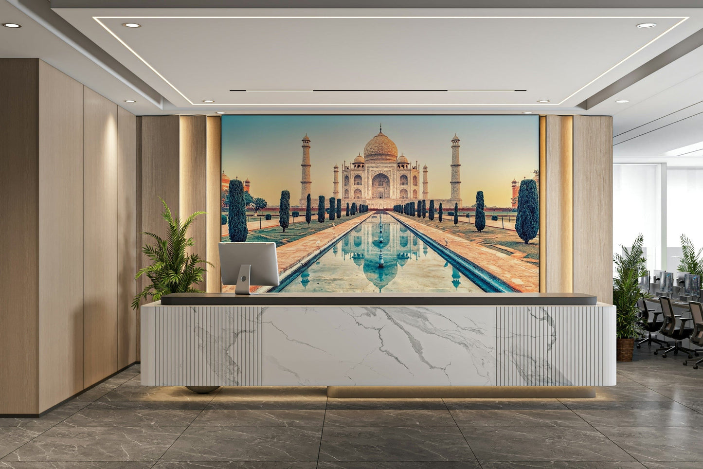 A beautiful Taj Mahal wallpaper mural with reflection.

