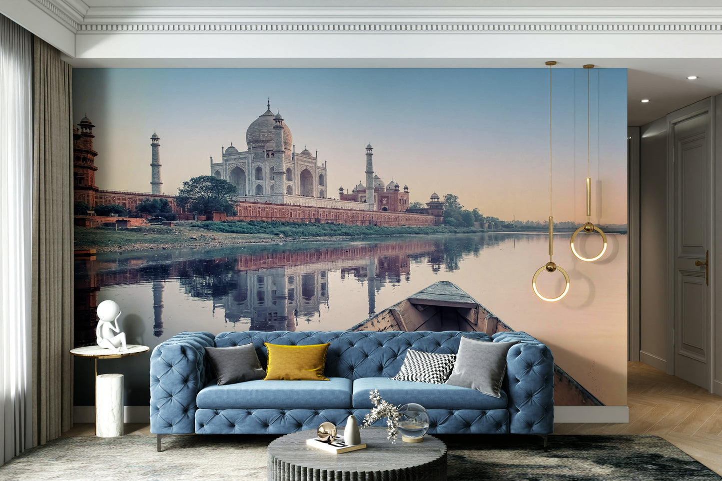 A graceful subtle architecture wall mural in cool, natural tones.

