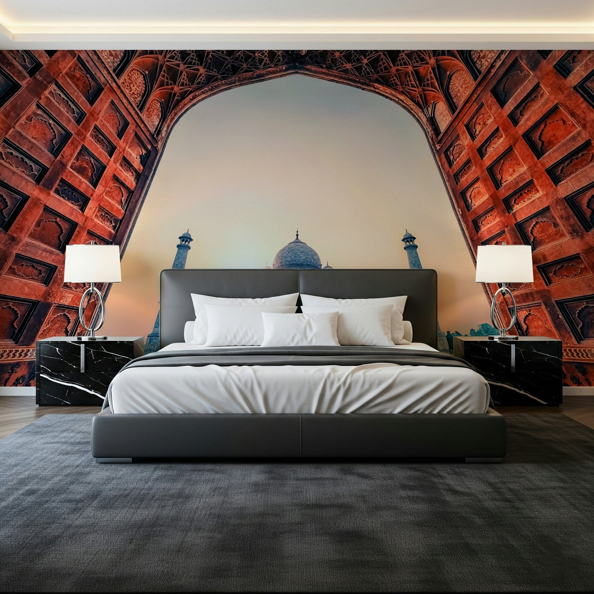 Sunrise view Taj Mahal Sunset wallpaper arches frame.