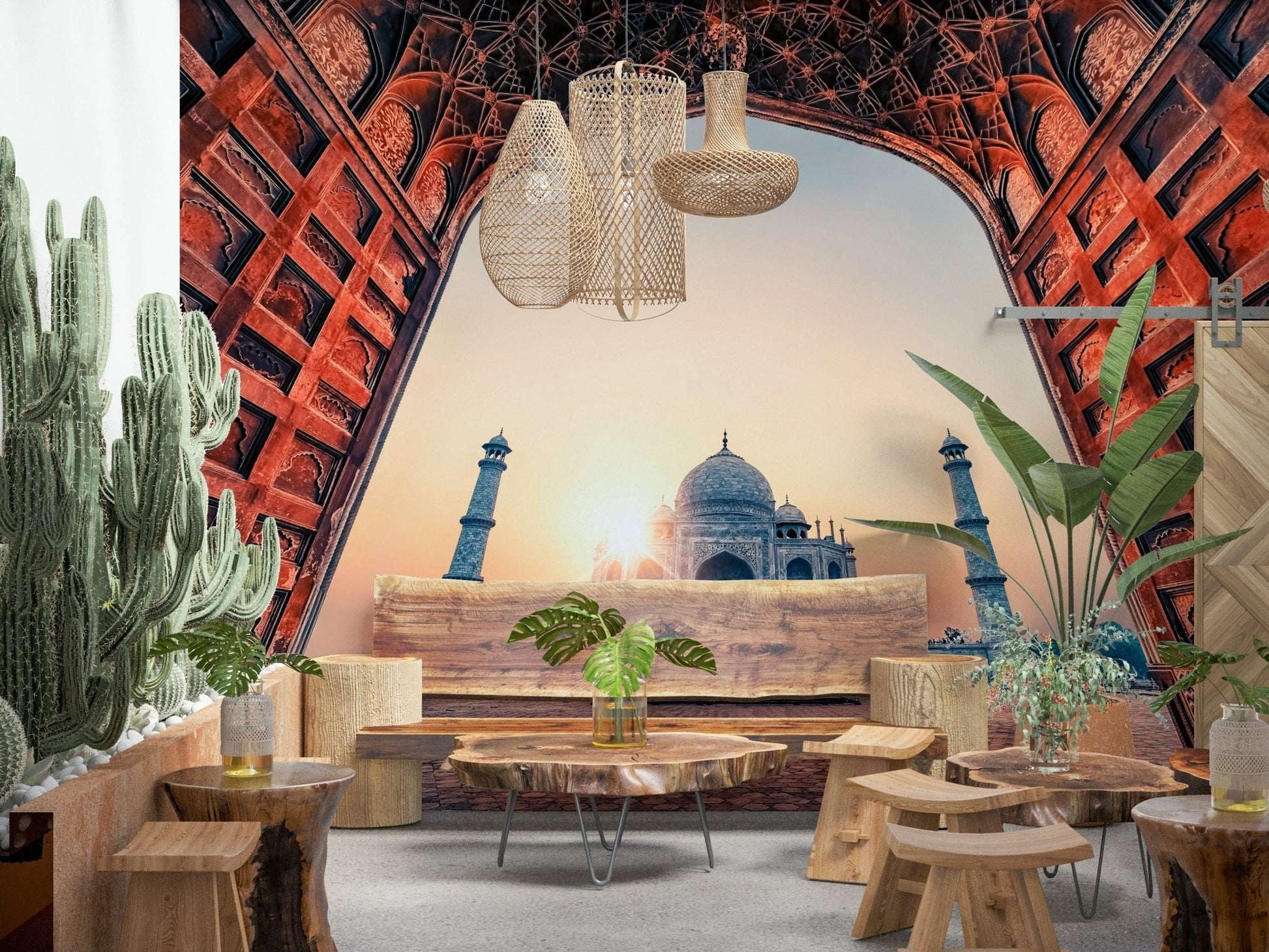 Iconic Taj Mahal Sunset wall art arches golden hour.