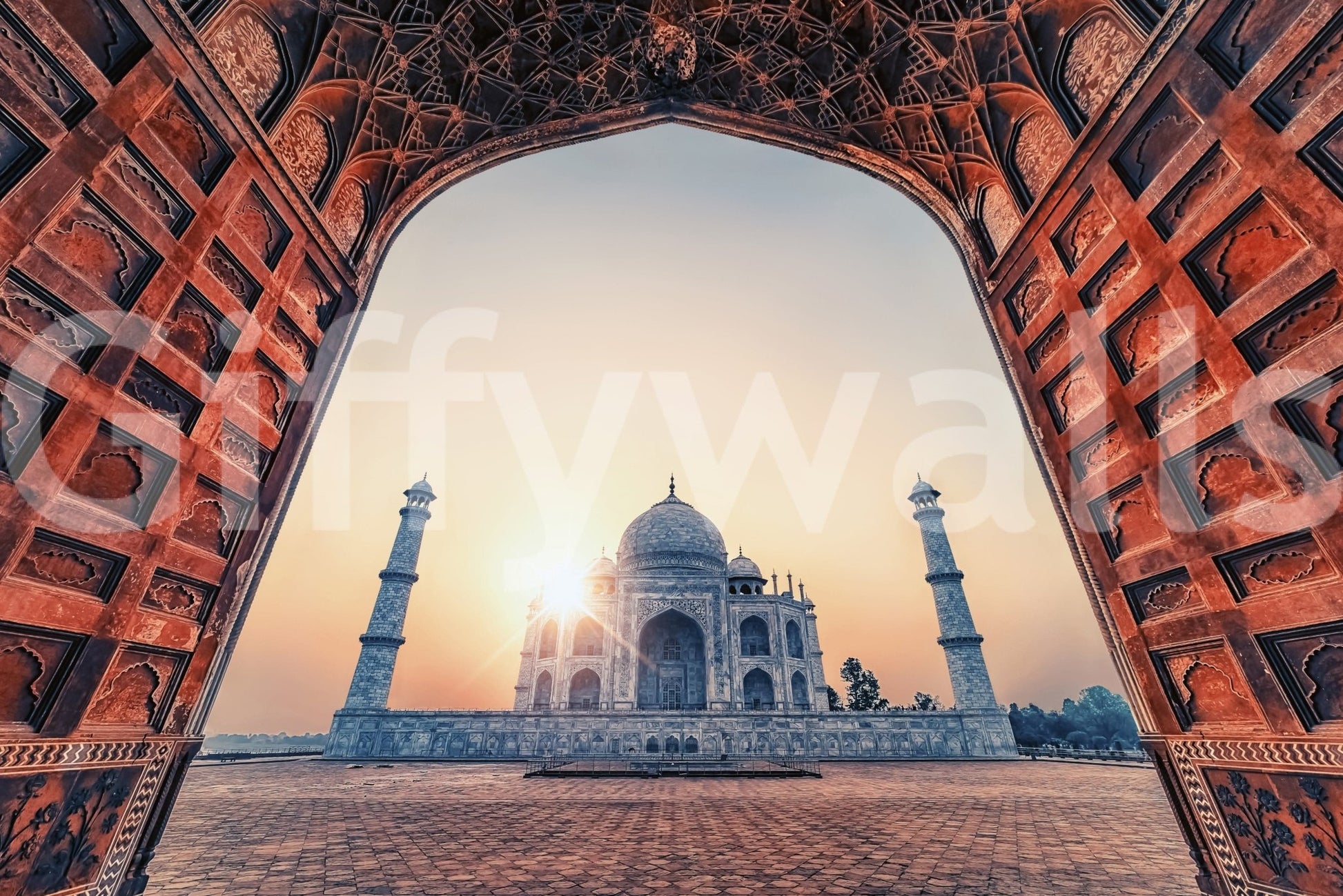 Mughal building Taj Mahal Sunset wall mural dome towers.
