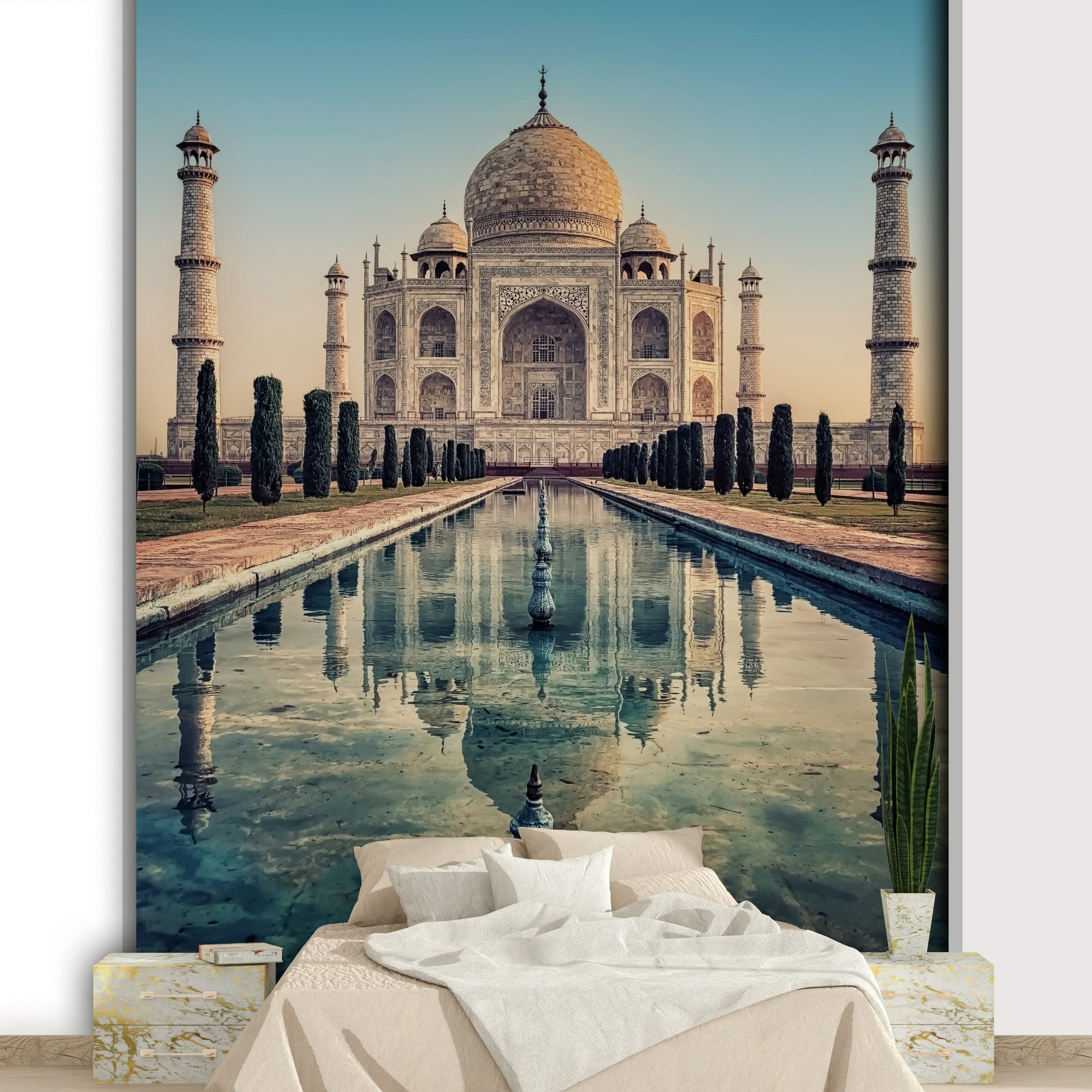 Taj Mahal: A Reflective Wonder wallpaper mural with reflecting pool behind a white bed in a serene bedroom