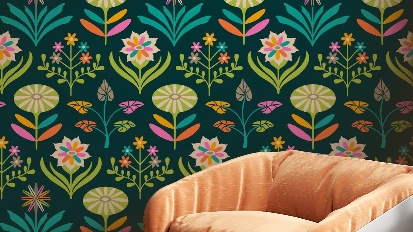 Tami Mid Century Modern Scandi Retro Floral Rainbow Brights Dark Green Wallpaper.


