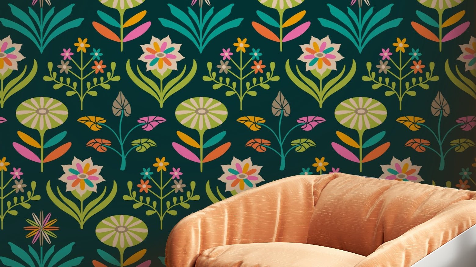 Tami Mid Century Modern Scandi Retro Floral Rainbow Brights Dark Green Wallpaper.

