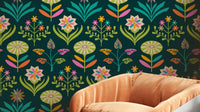 Tami Mid Century Modern Scandi Retro Floral Rainbow Brights Dark Green Wallpaper.

