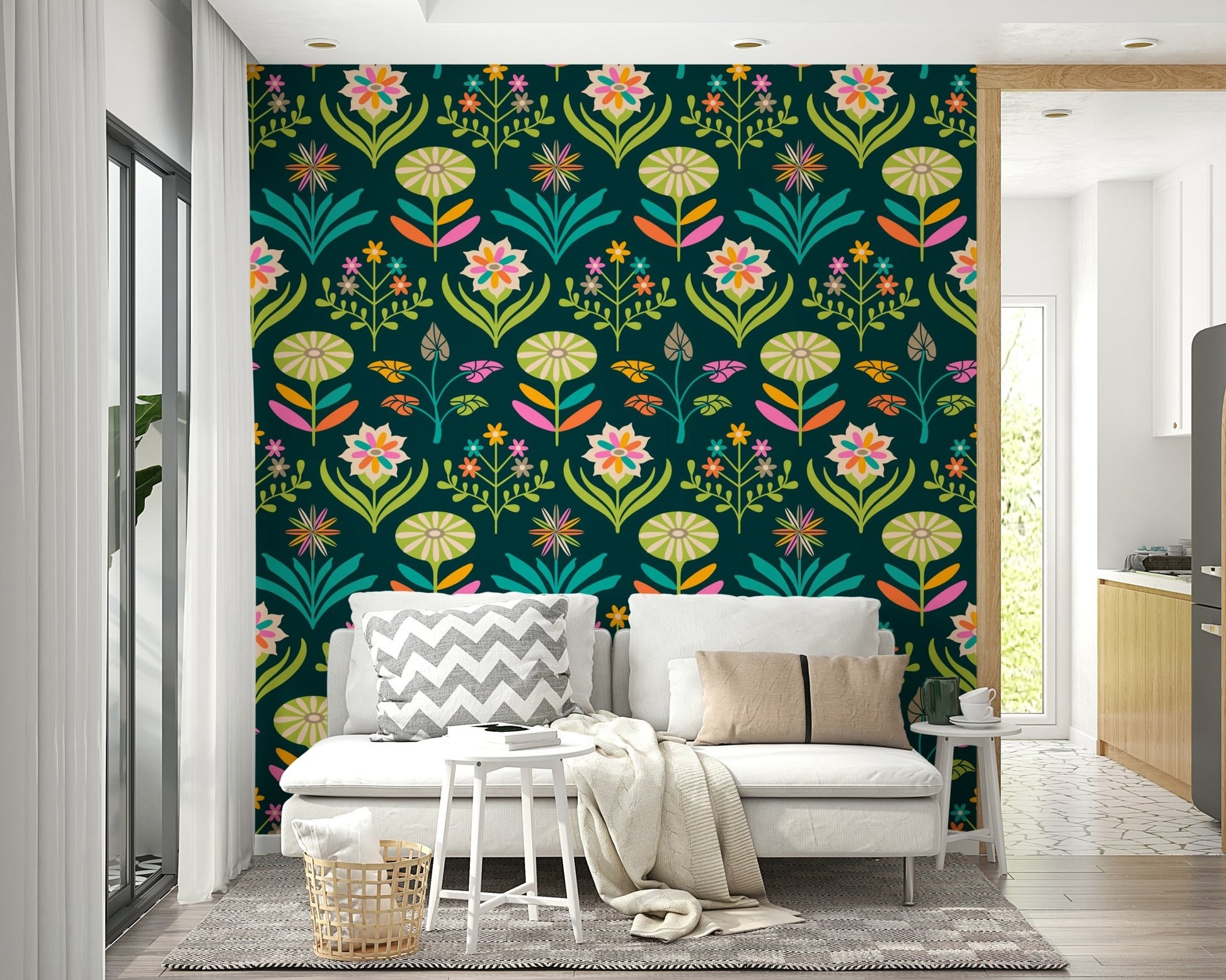 Stylized floral and leaf patterns in rainbow colors on a dark green wall.

