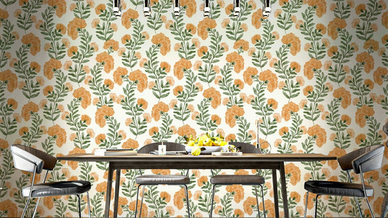 The image shows a repeating pattern of bright, tangerine flowering branches.

