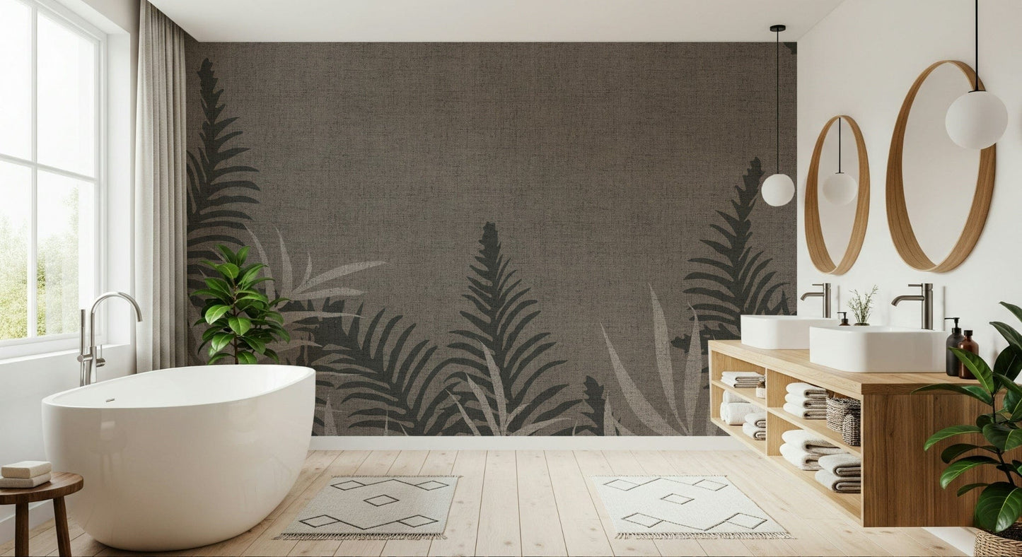 Muted wall mural Into The Jungle Taupe, charcoal shadow leaves.