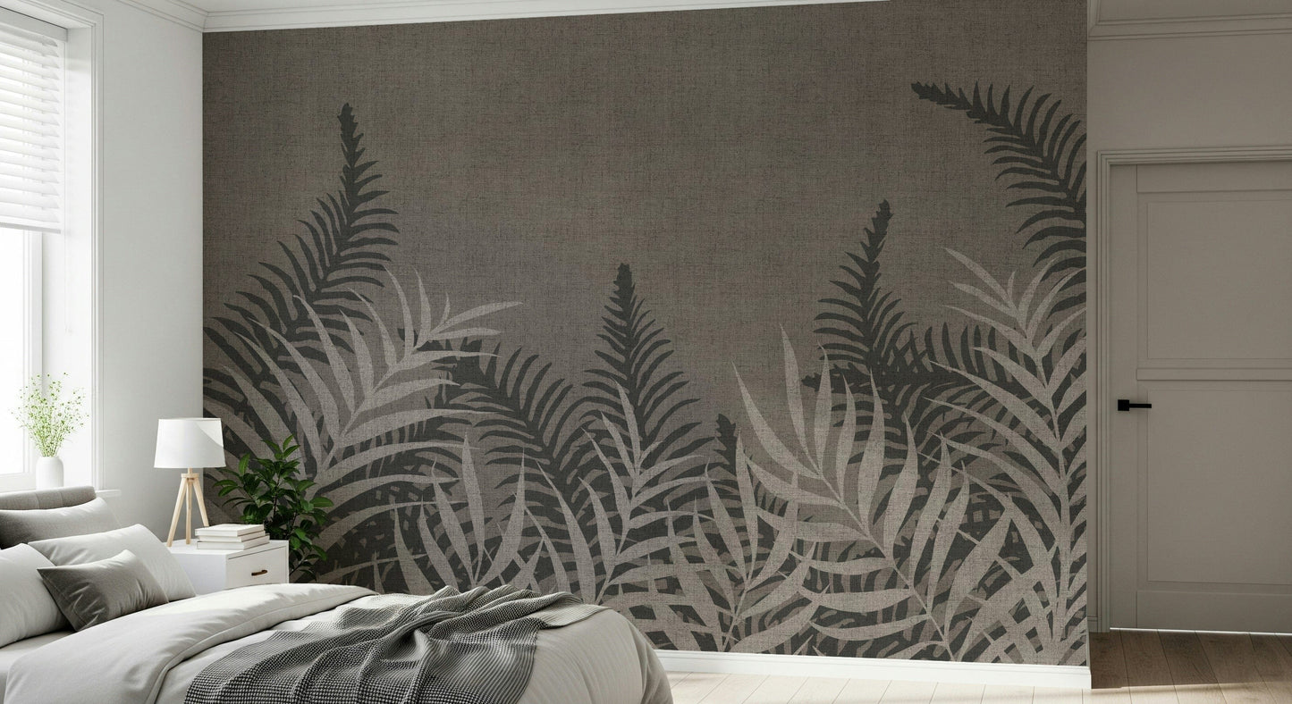 Grayish-brown jungle wallpaper for walls, layered foliage.