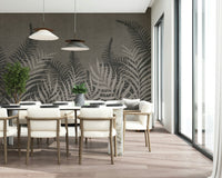 Monochrome Taupe wall mural, overlapping palms, serene backdrop.