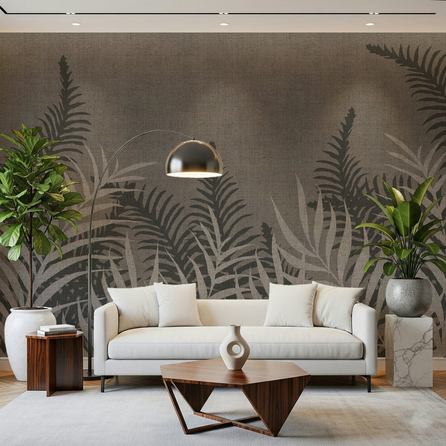 Into The Jungle Taupe wallpaper, tropical fern pattern, subtle charcoal print.