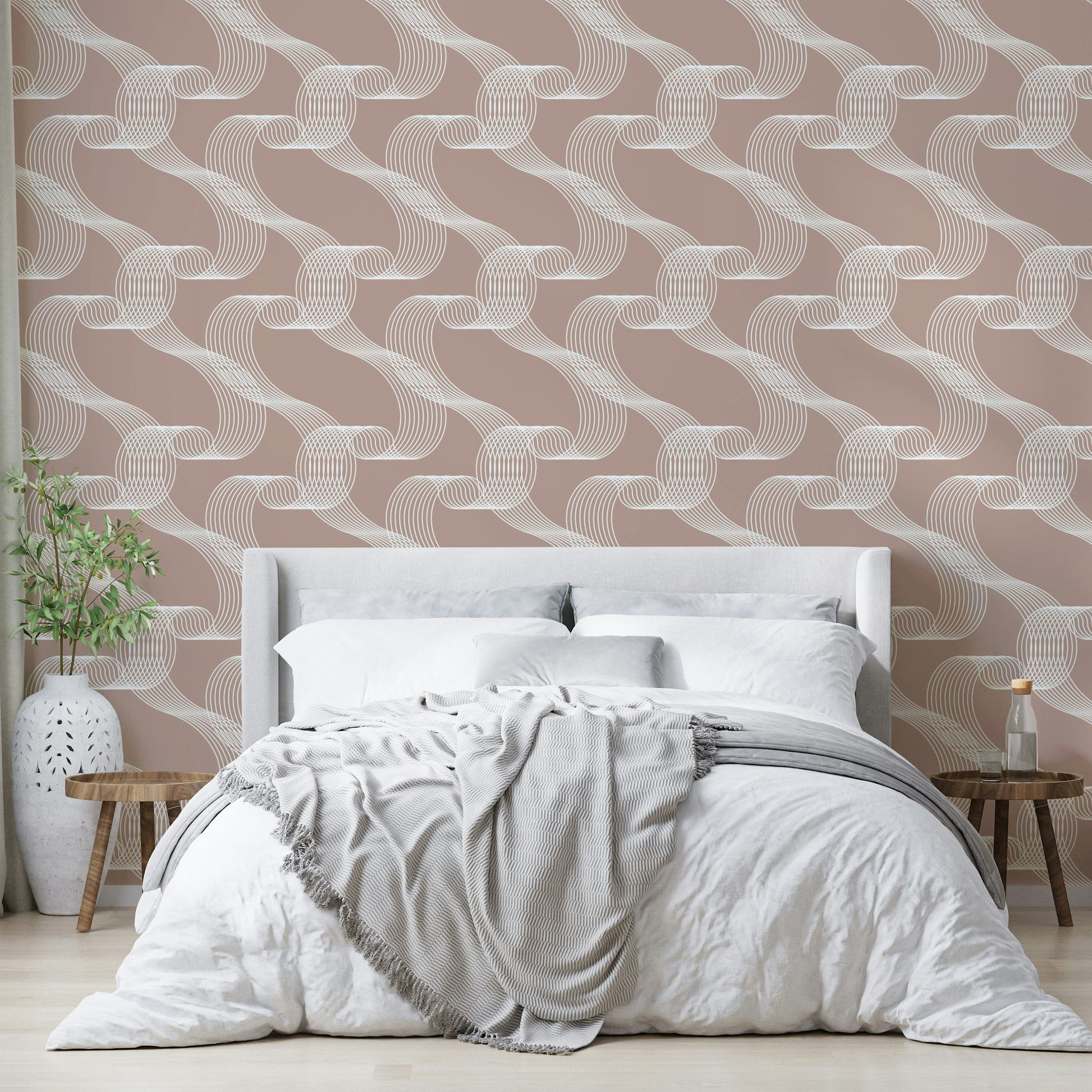 Sophisticated undulating wireframe sketch on a clay wallpaper.
