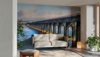 A peaceful coastal scene mural on decorative wallpaper.

