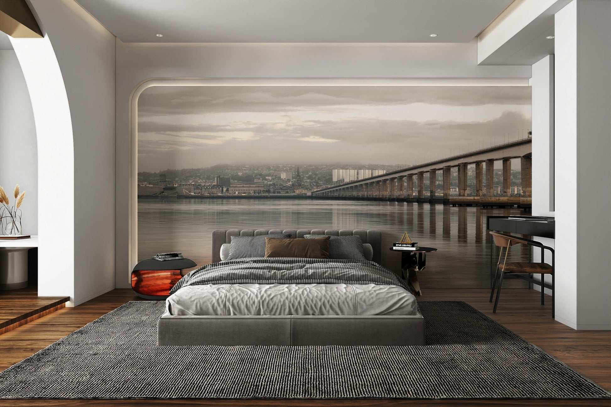 Elegant Scottish bridge mural with foggy atmosphere

