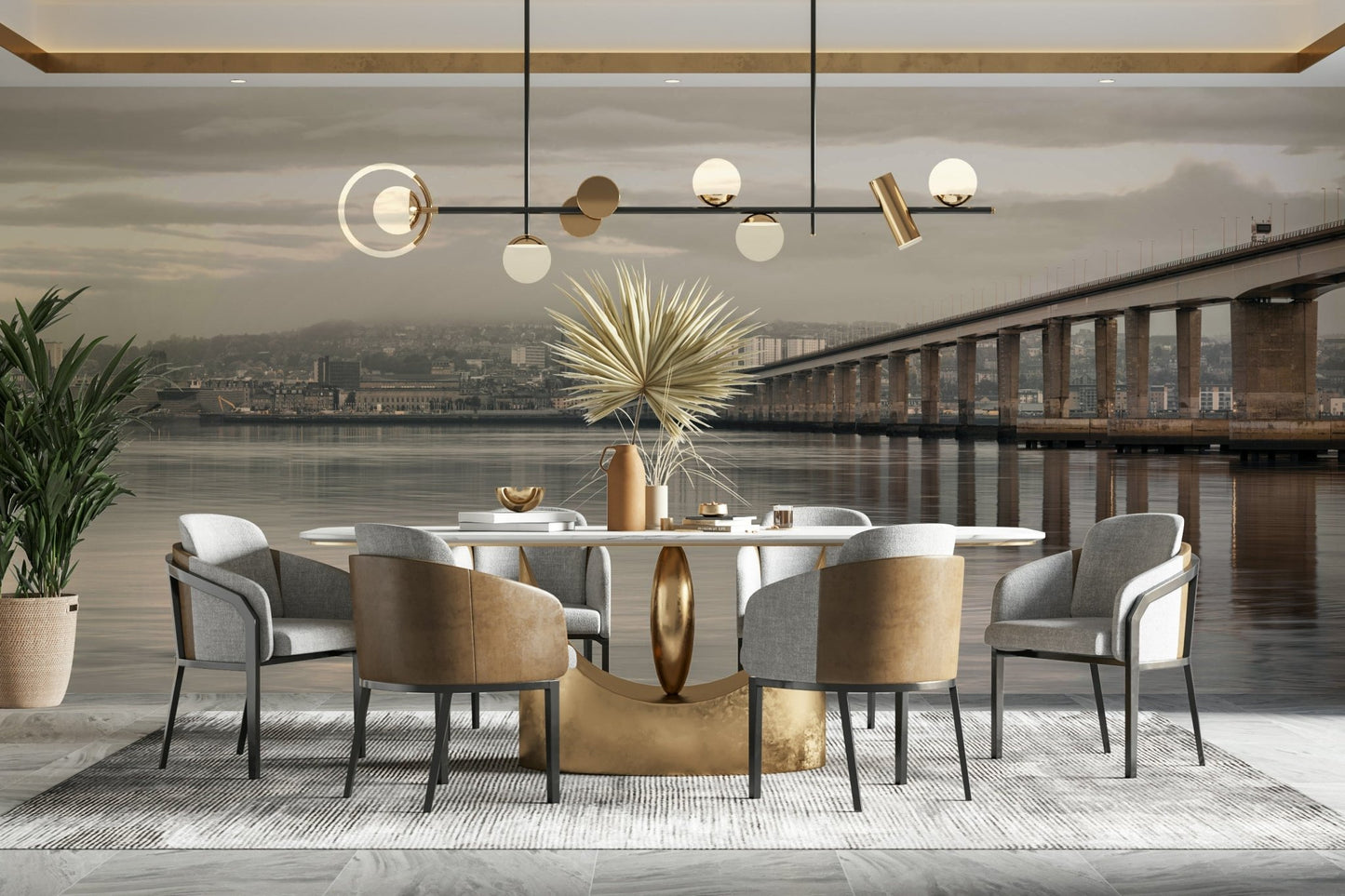 Moody river bridge mural in soft neutral tones

