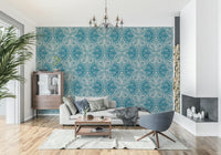 Teal blue wallpaper for walls, sophisticated design, ornamental elegance.