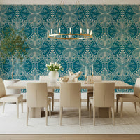 Art Nouveau Butterfly Floral Teal Blue, swirling botanical forms wall covering.
