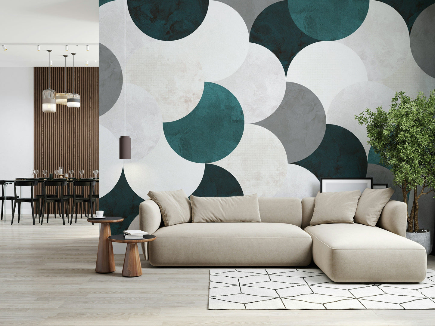 Sophisticated wall mural with abstract circular patterns creating a calm, modern ambiance.