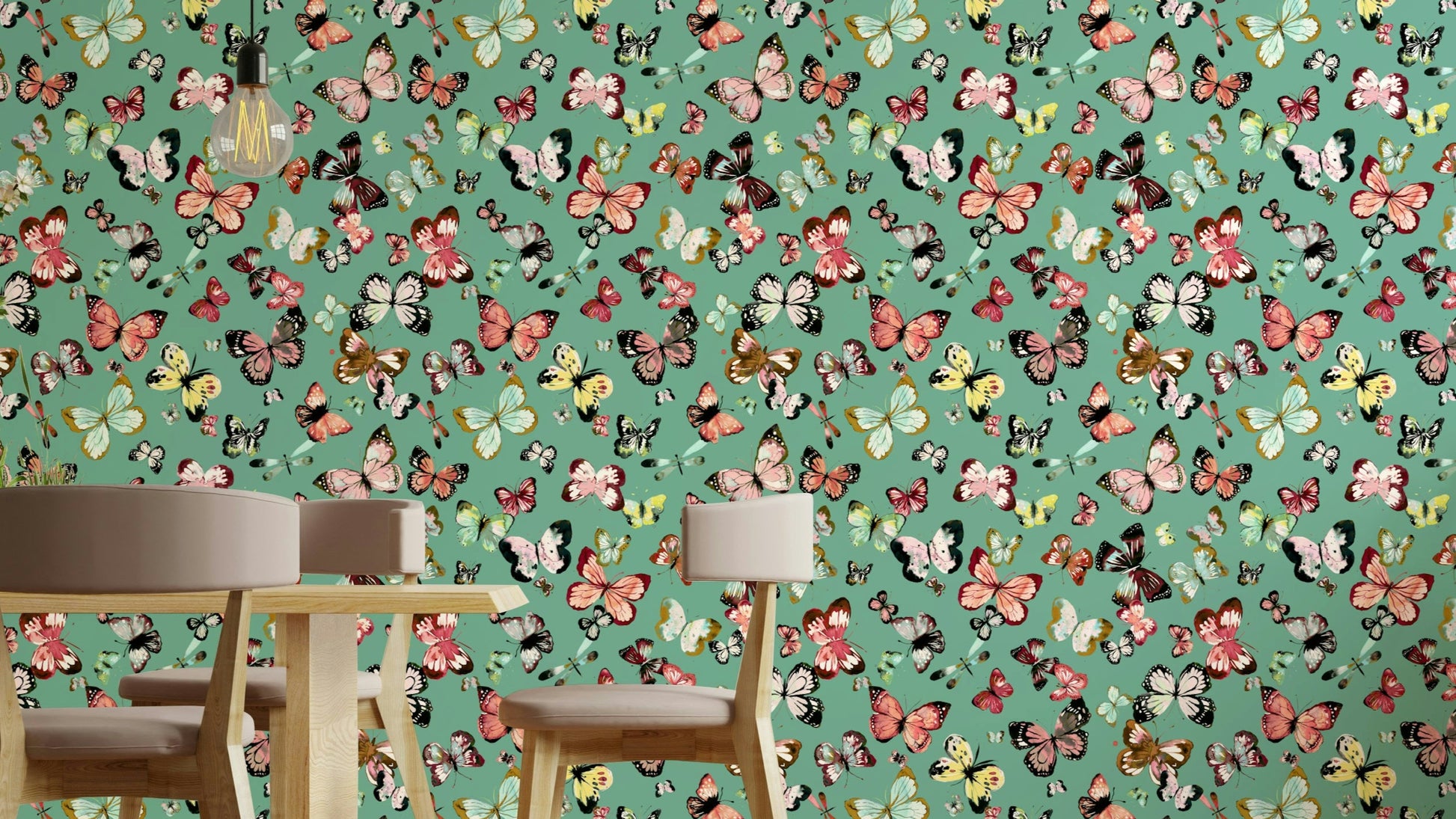 Flying Butterflies Colorful Teal Coral wallpaper behind a wood dining table and chairs with a teal butterfly wall