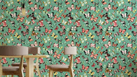 Flying Butterflies Colorful Teal Coral wallpaper behind a wood dining table and chairs with a teal butterfly wall