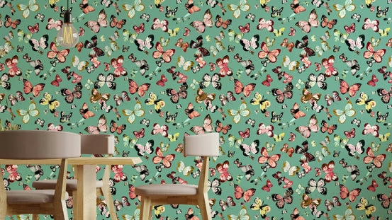 Flying Butterflies Colorful Teal Coral wallpaper behind a wood dining table and chairs with a teal butterfly wall