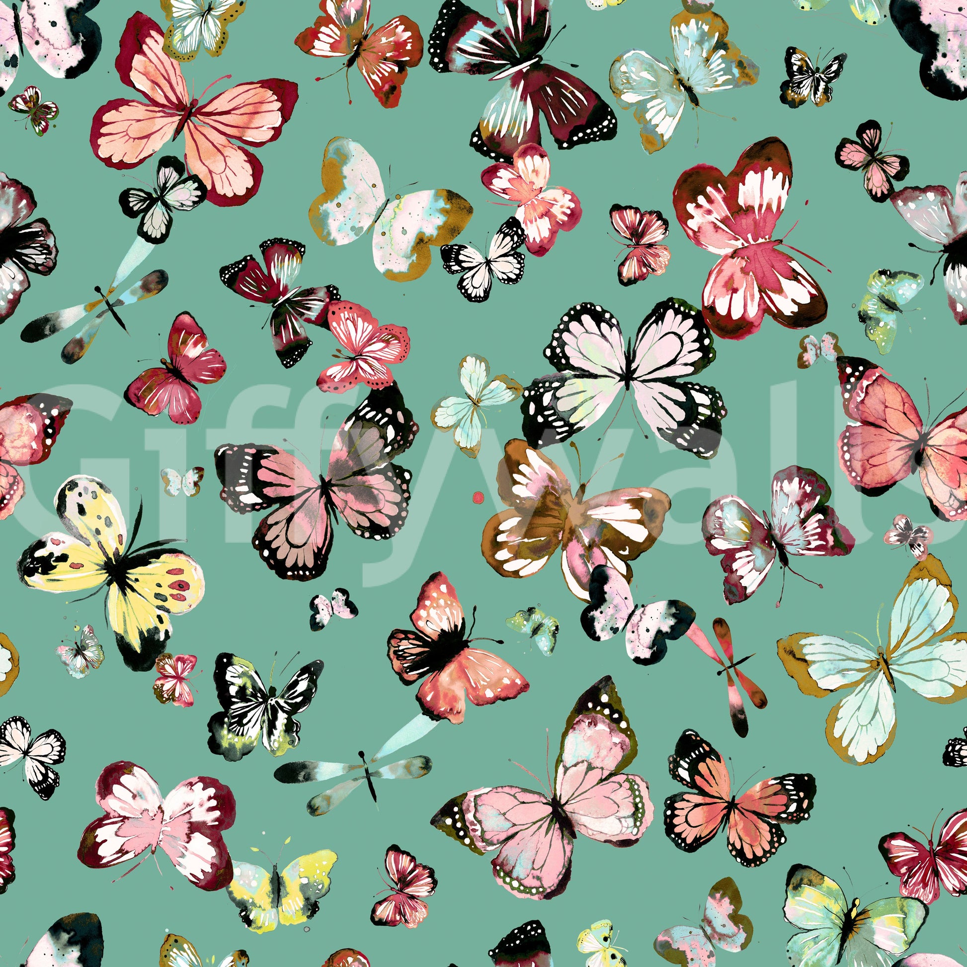Flying Butterflies Colorful Teal Coral wallpaper close-up of coral pink and yellow butterflies on teal