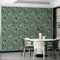 Flying Butterflies Colorful Teal Coral wallpaper behind a white round table with black and white dining chairs