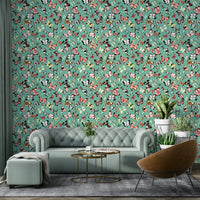 Flying Butterflies Colorful Teal Coral wallpaper behind a sage green chesterfield sofa and brown chair