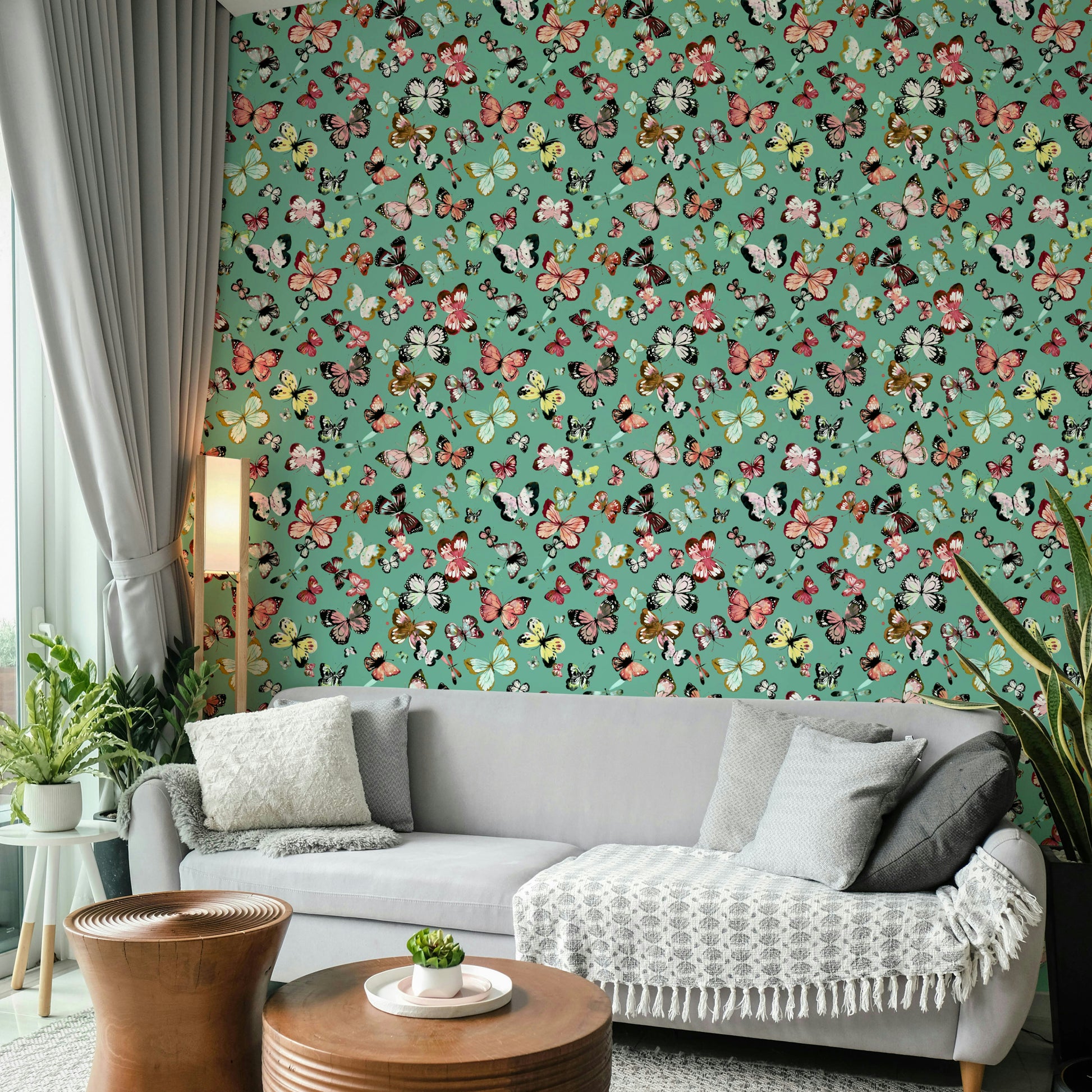 Flying Butterflies Colorful Teal Coral wallpaper behind a light grey sofa with throw and plants in a living room
