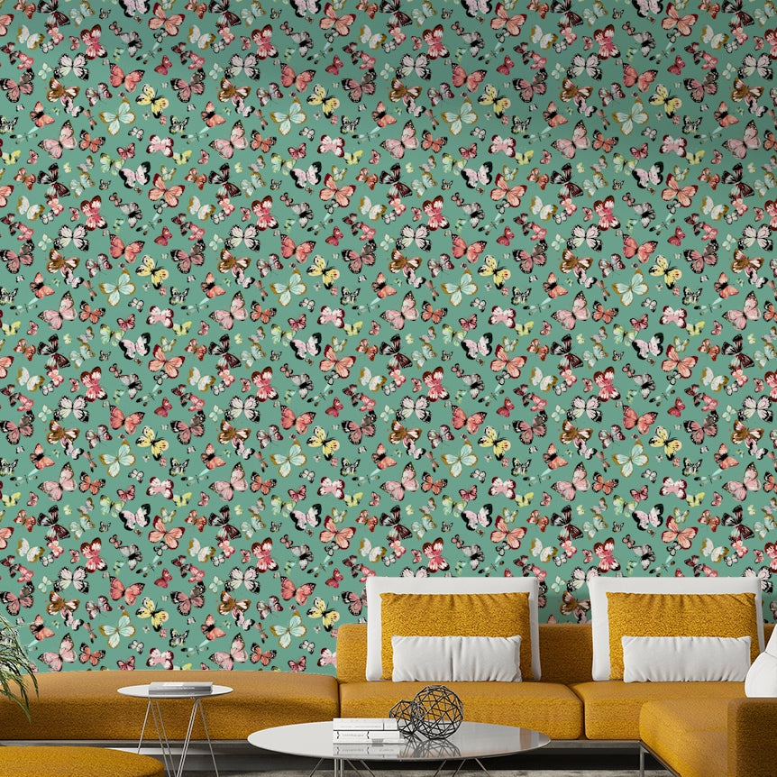 Flying Butterflies Colorful Teal Coral wallpaper behind a mustard yellow sectional sofa in a living room