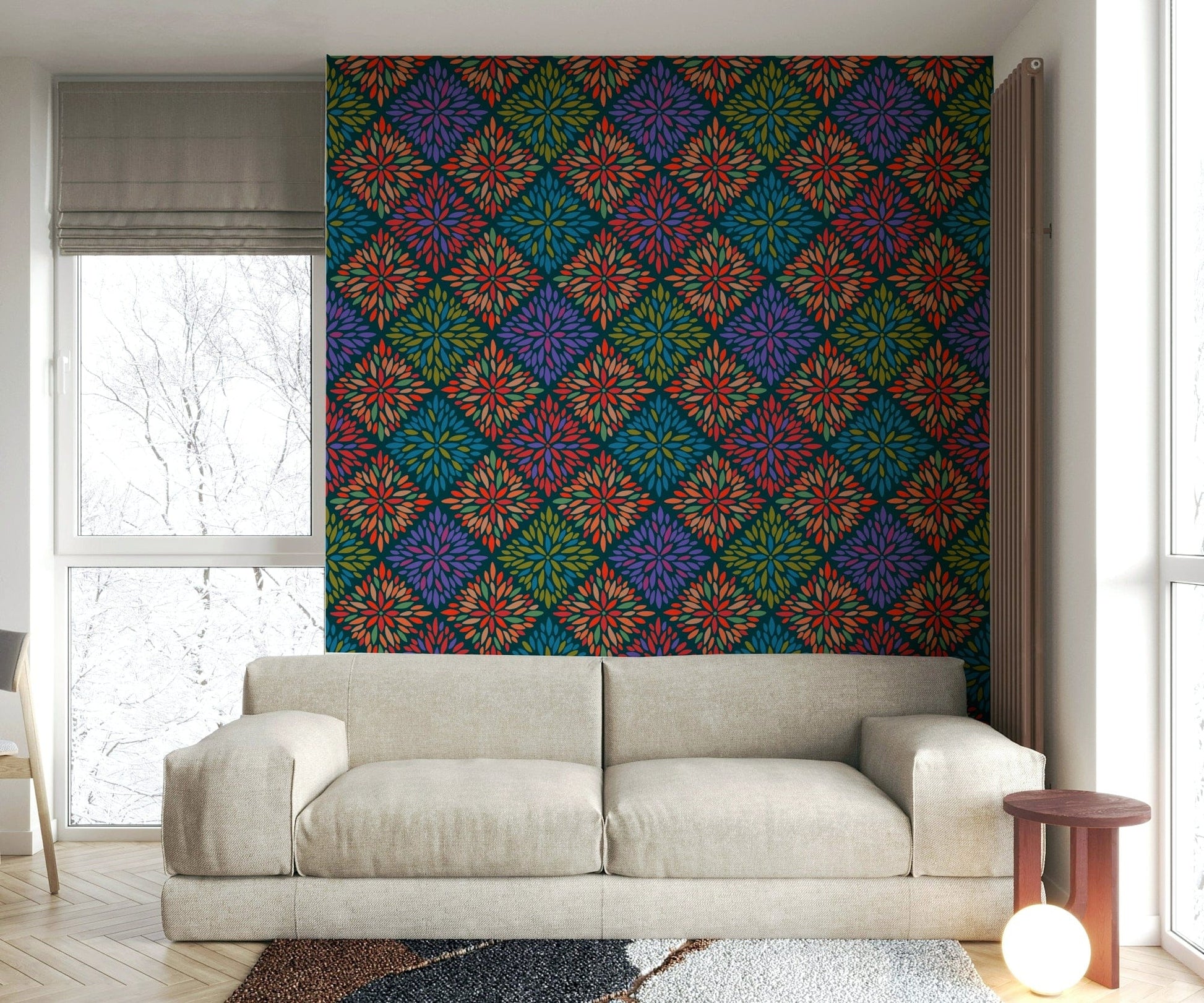 The wallpaper has an intricate, ornate pattern.

