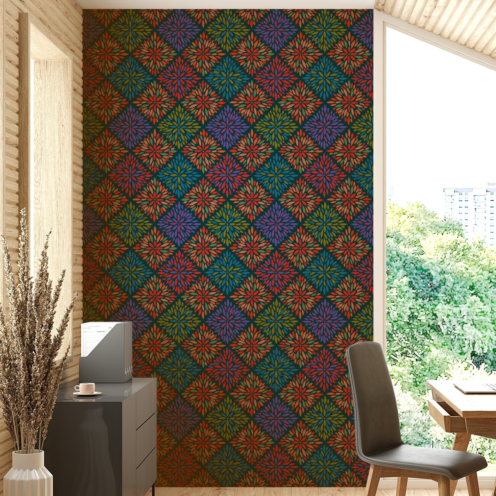 A damask-style print with jewel tones on dark teal.

