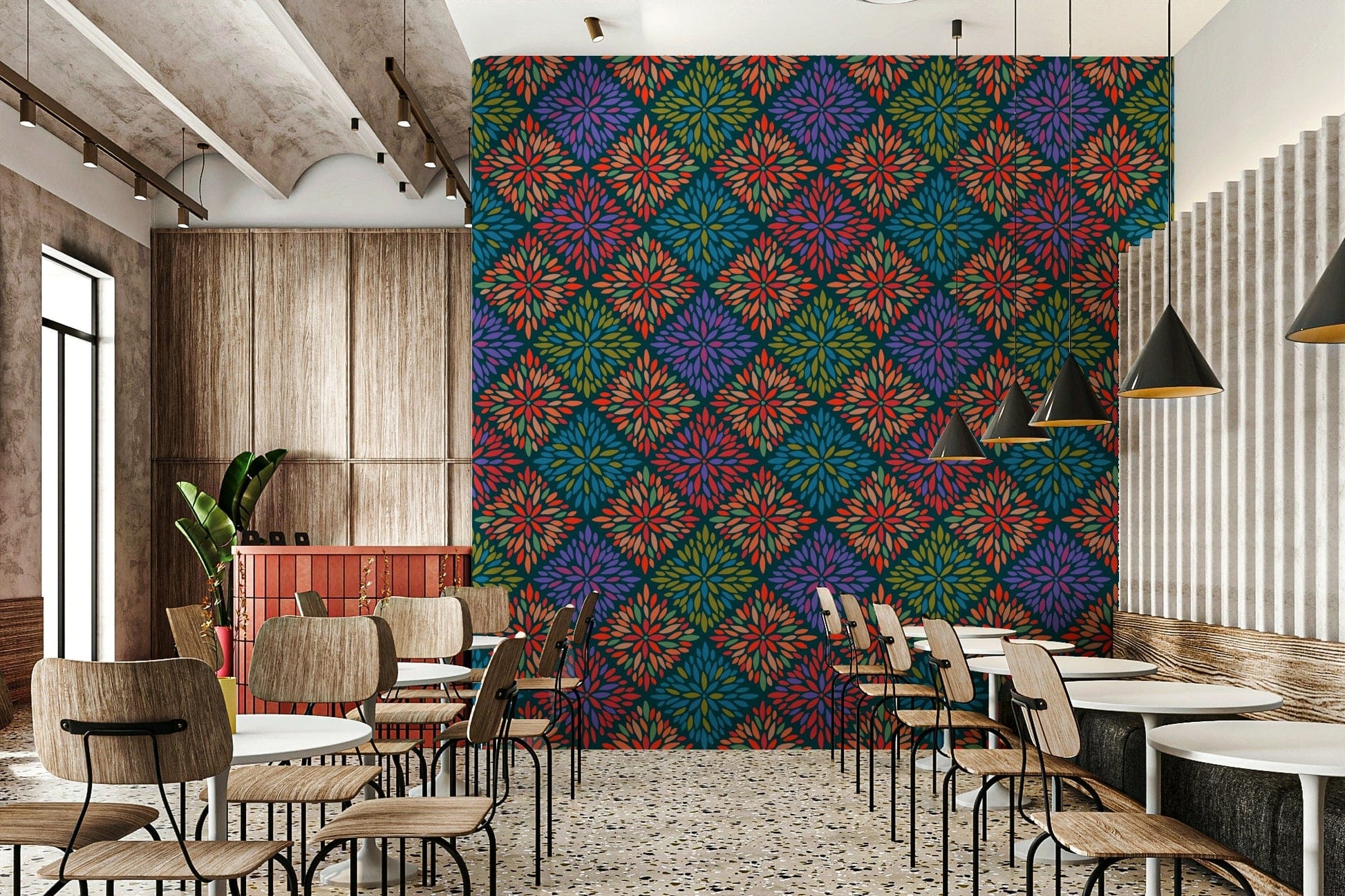 The wallpaper shows a bohemian floral design.

