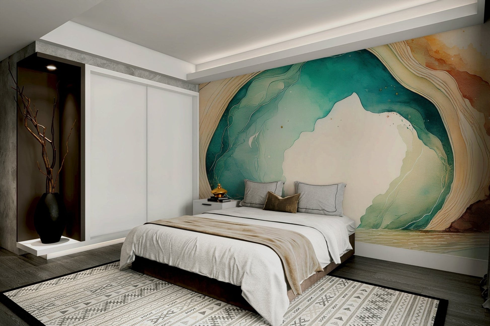 Soft teal tones and cave design in the Teal Dream Cave mural wallpaper.

