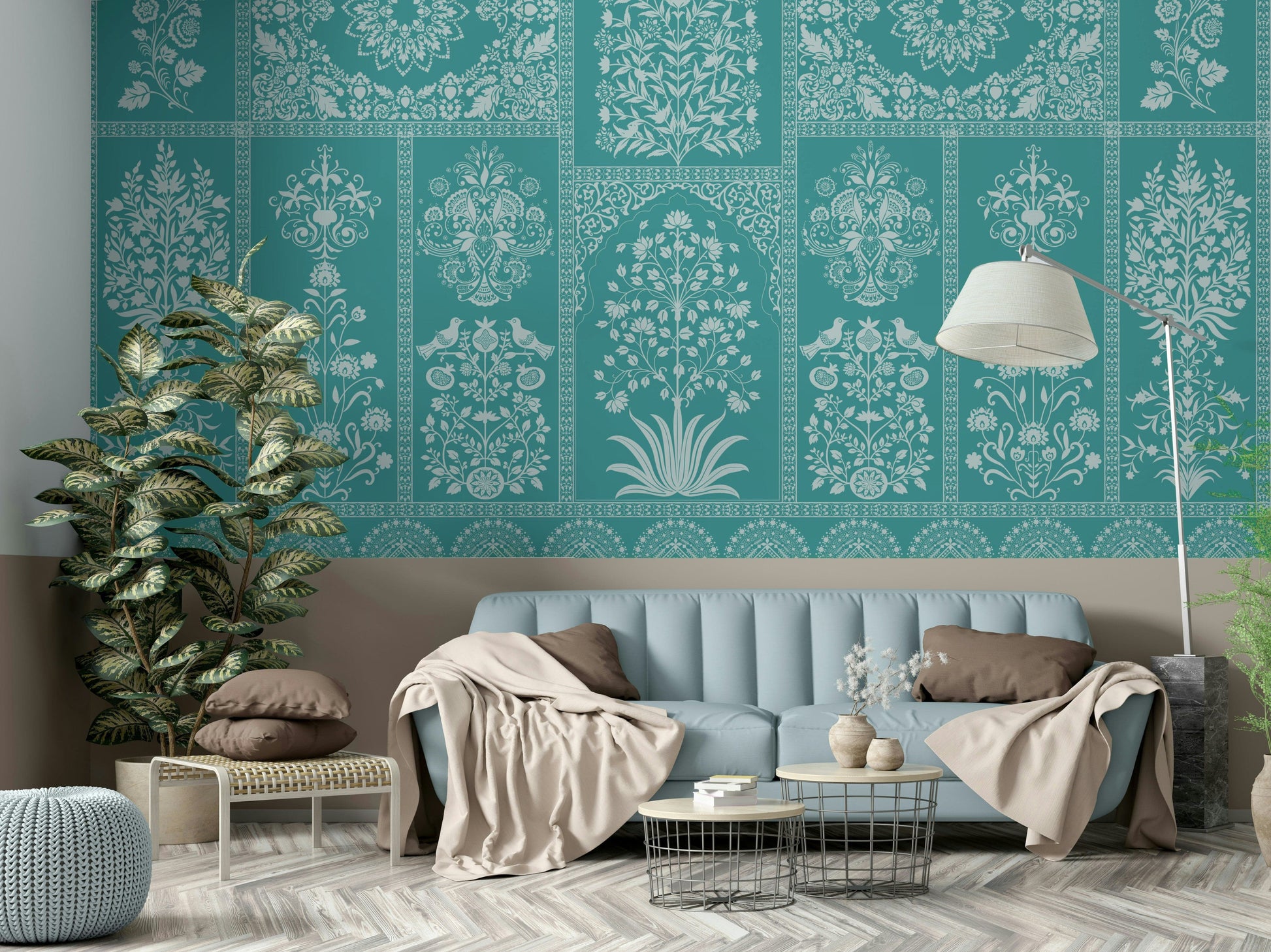 The design features a repeating pattern of soft, graceful trees and foliage.

