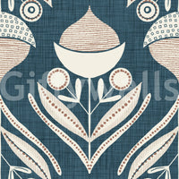 Decorative wallpaper with repeating geometric flowers, small buds, and sweeping leaf forms.