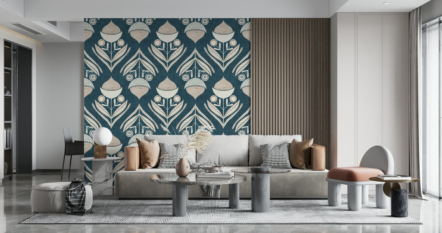 Modern wallpaper showcasing minimalist cream flowers arranged in a bold teal pattern.