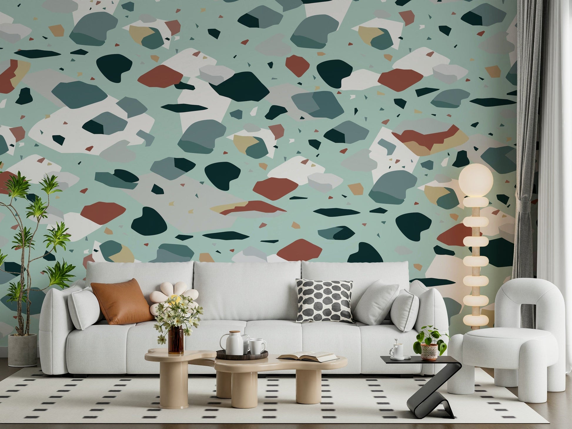 A calming abstract design wallpaper mural that defines a space.