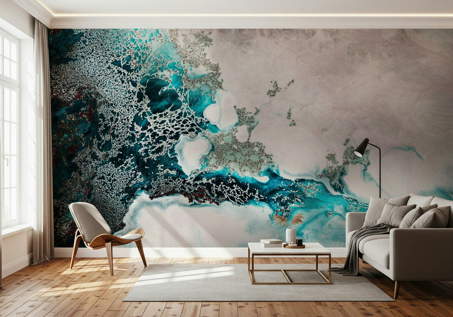 A graceful subtle pattern wall mural in cool, dark tones with shimmer.