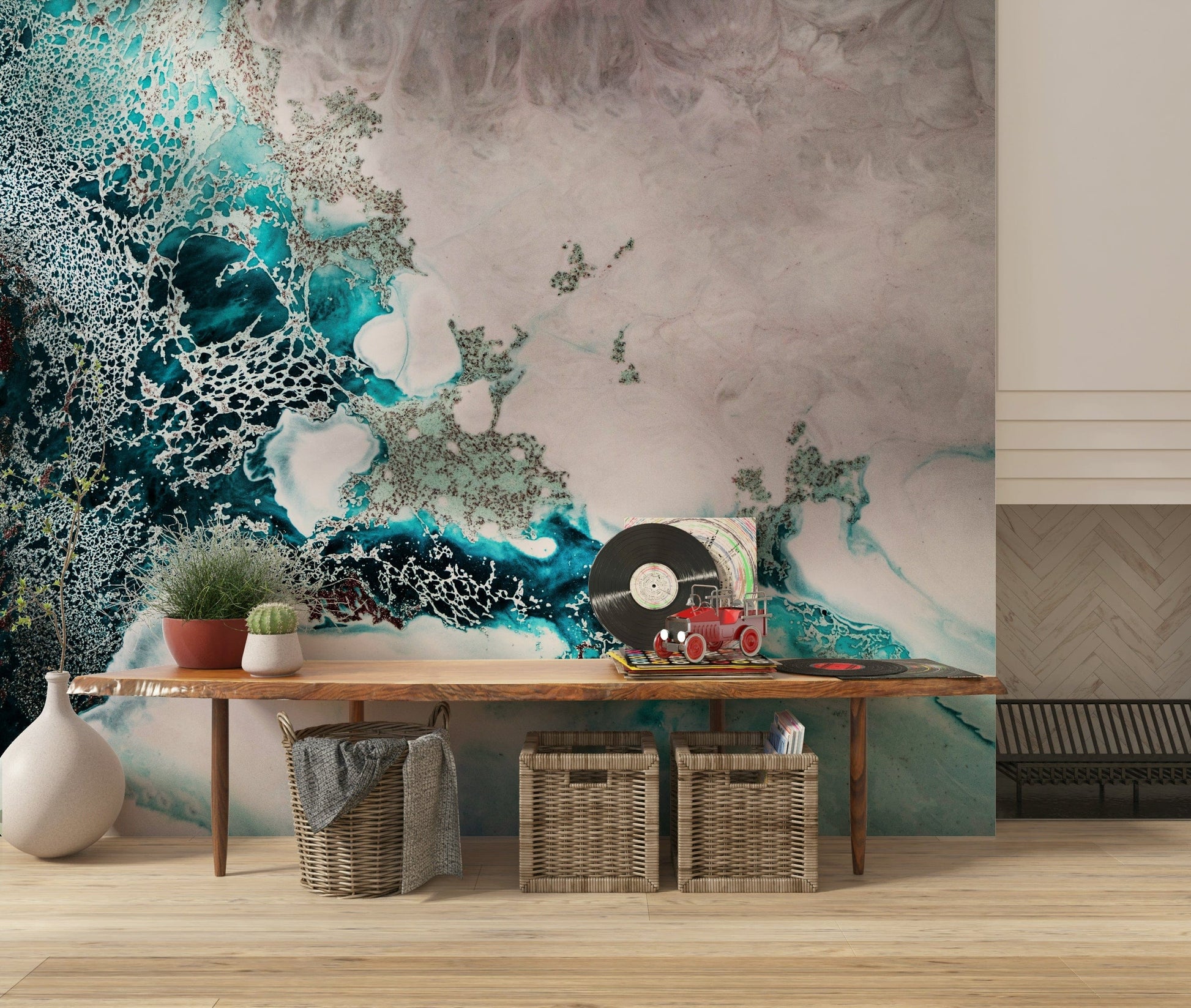 An artistic fluid pattern mural on minimalist wallpaper.