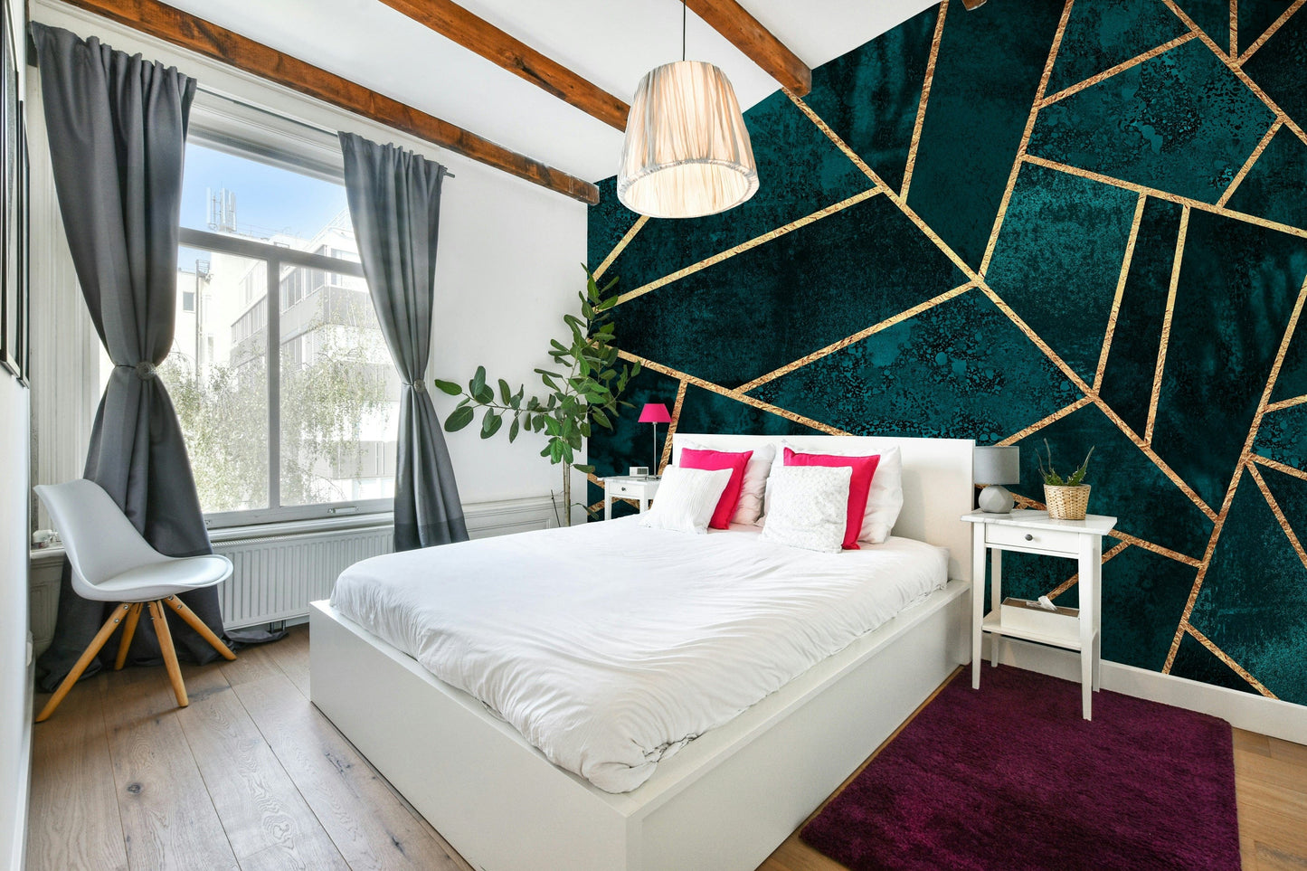 A high-quality teal and gold wall mural for walls.

