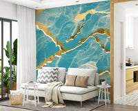 Golden Veins Tropical Teal Marble - a Modern Luxe Abstract Marble Wallpaper mural.